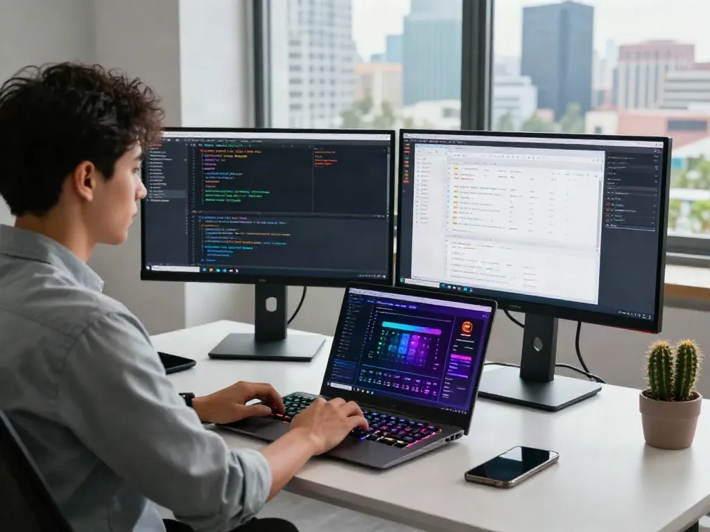 Développeur dans un bureau moderne utilisant Atlas pro pour le codage de logiciels avec des écrans affichant des projets complexes.