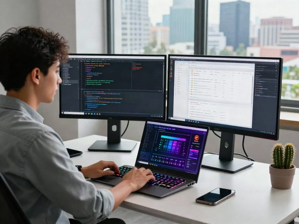 Développeur dans un bureau moderne utilisant Atlas pro pour le codage de logiciels avec des écrans affichant des projets complexes.