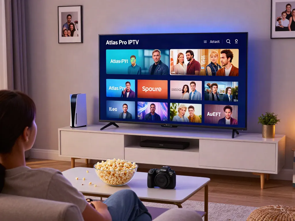 Ambiance de détente avec Atlas Pro IPTV sur un téléviseur Smart, popcorn sur la table basse.