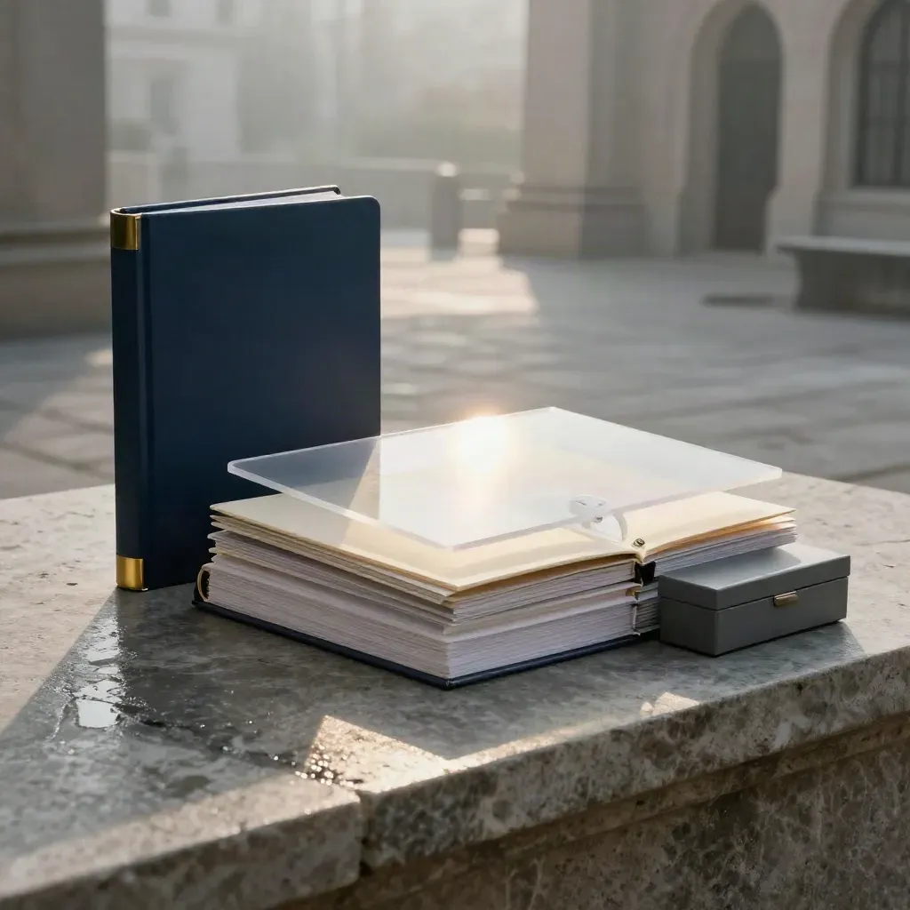 Folio, classeur et boîte de due diligence sur pierre humide, dans la brume du matin.