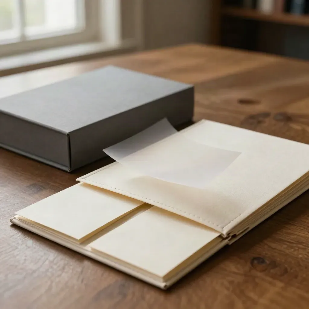 Folio de pitch investisseur ouvert, boîte de présentation scellée et cartes scénario sur bois noyer.
