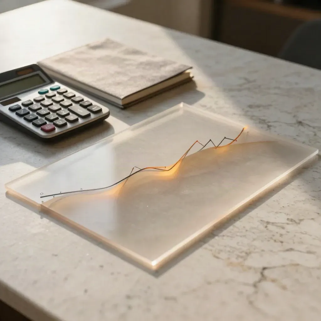 Feuilles acétate, calculatrice et carnet fermé sur travertin, lumière douce de fin d’après-midi.
