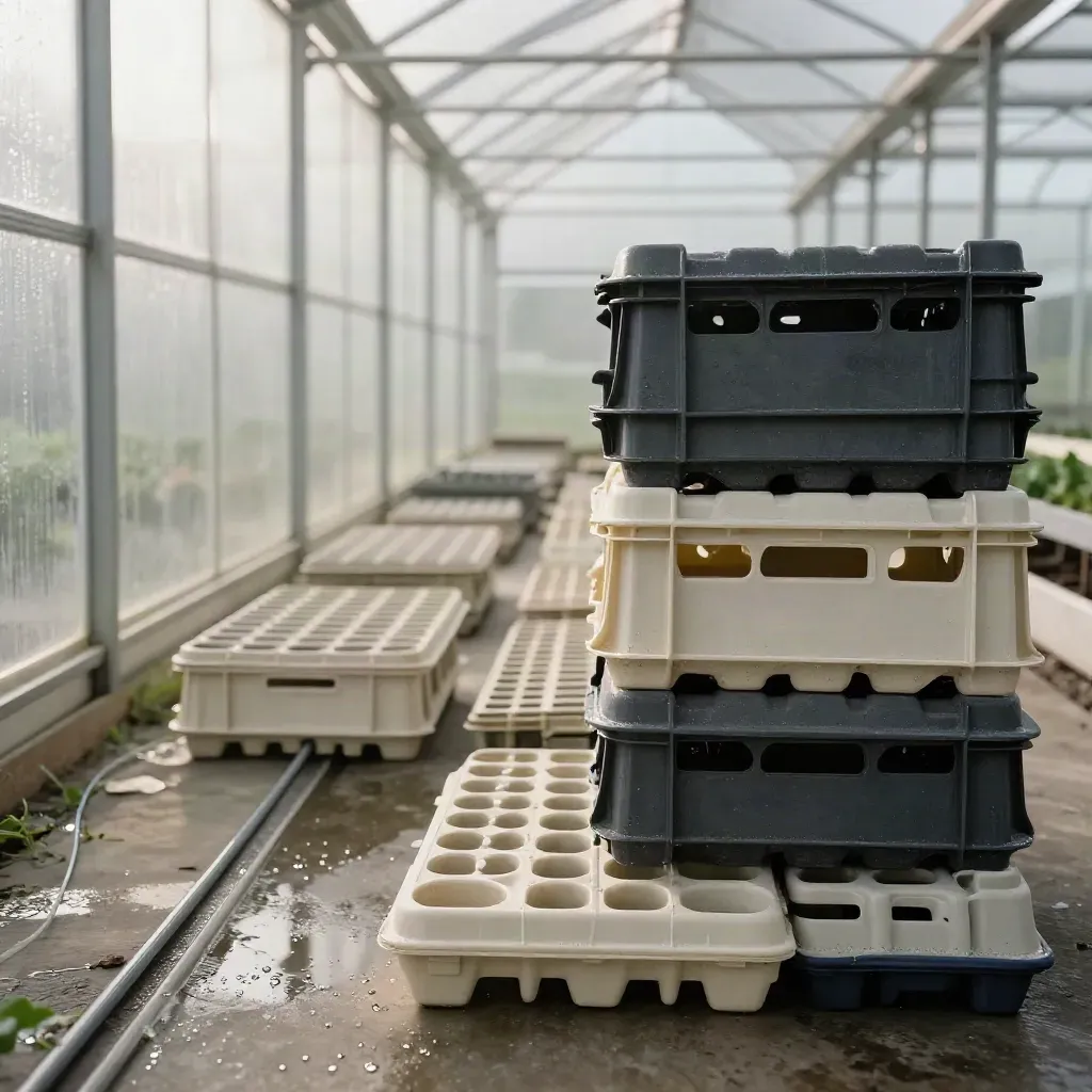 Allée de serre avec plateaux de semis, irrigation et caisses de récolte scellées.