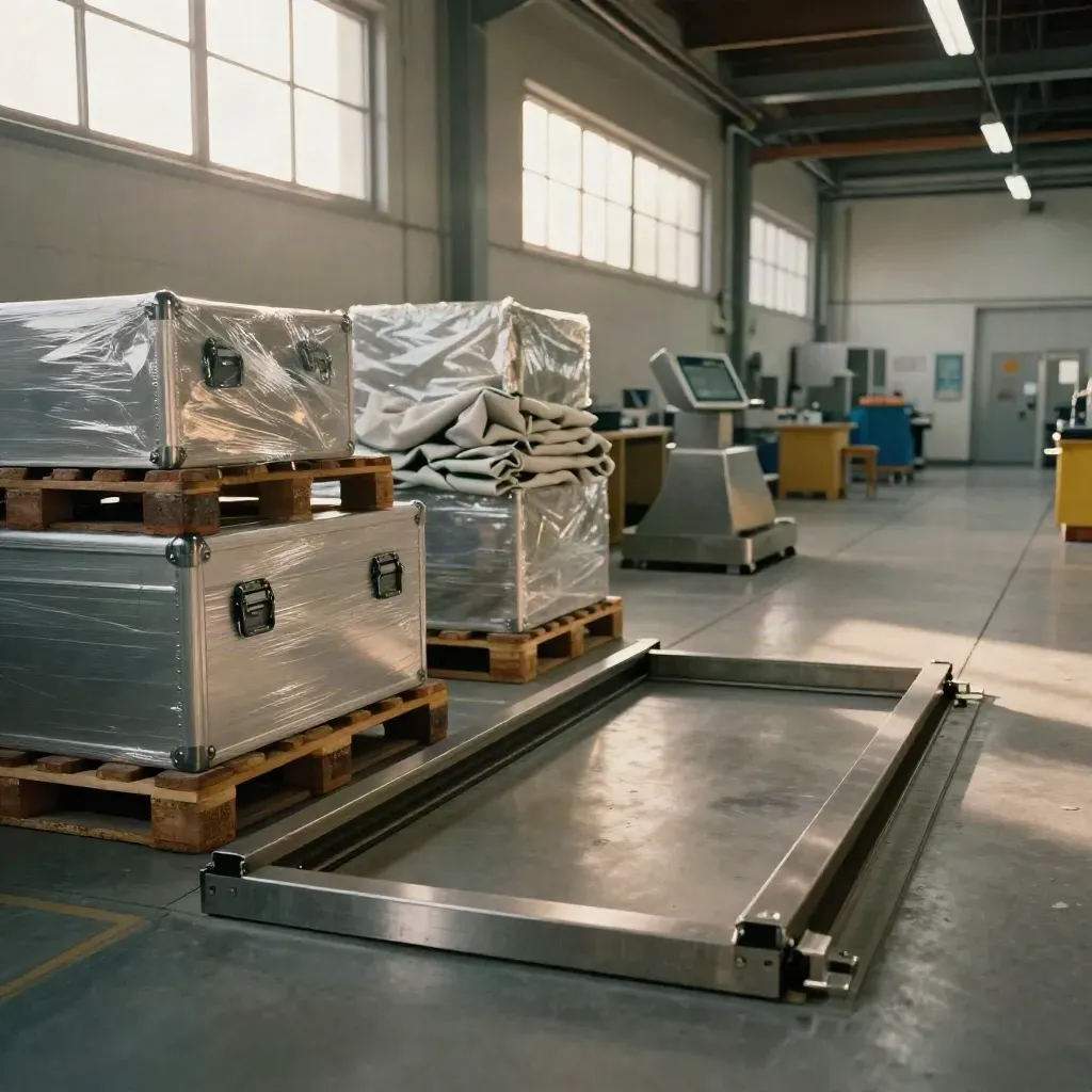 Banc machine immaculé, pièces finies sur palettes et zone de chargement prête au transfert.