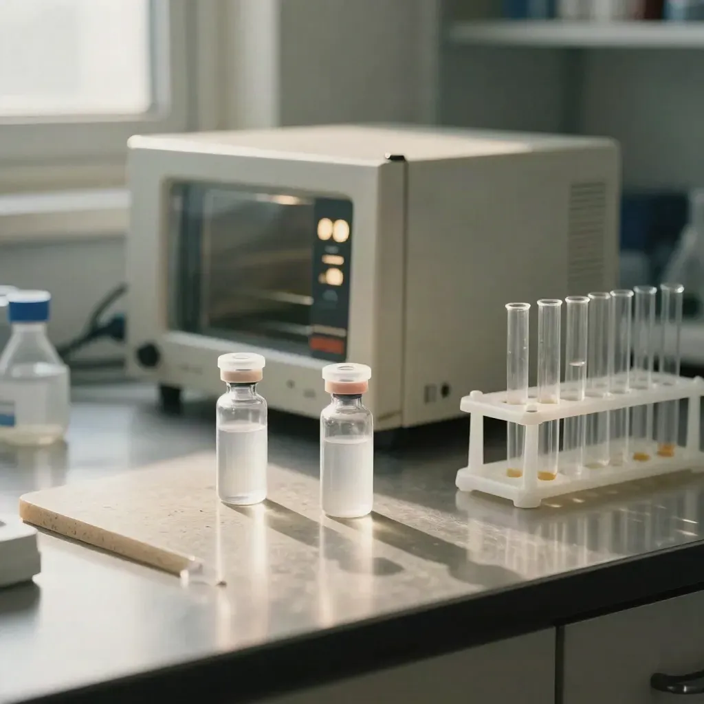Banc de labo biotech stérile avec flacons scellés, incubateur compact et rack en verre.