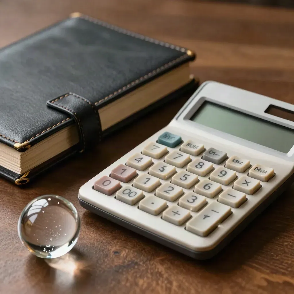 Calculatrice, grand livre fermé et presse-papier en verre sur bois brossé, lumière dramatique.
