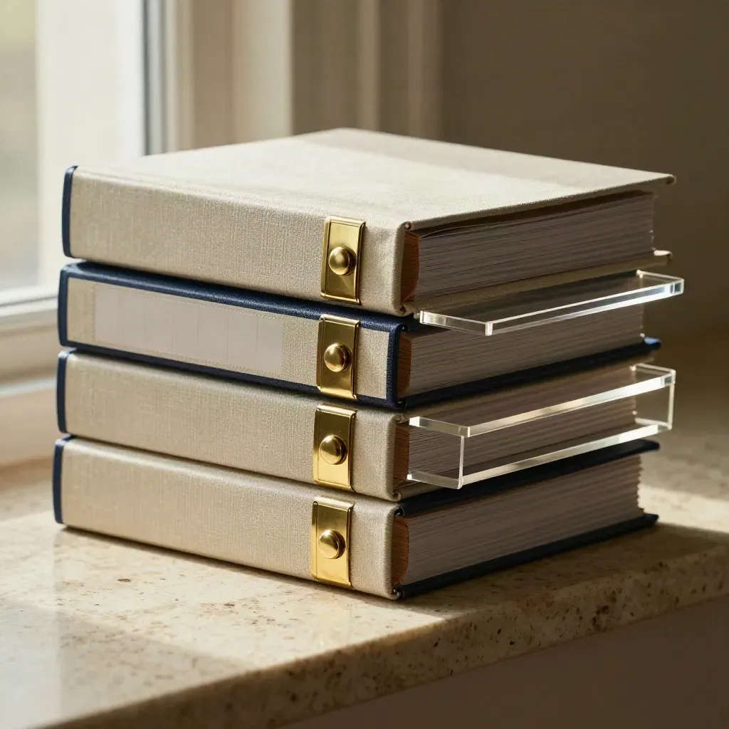 Trois classeurs, entretoises en laiton et plateau acrylique sur pierre claire.