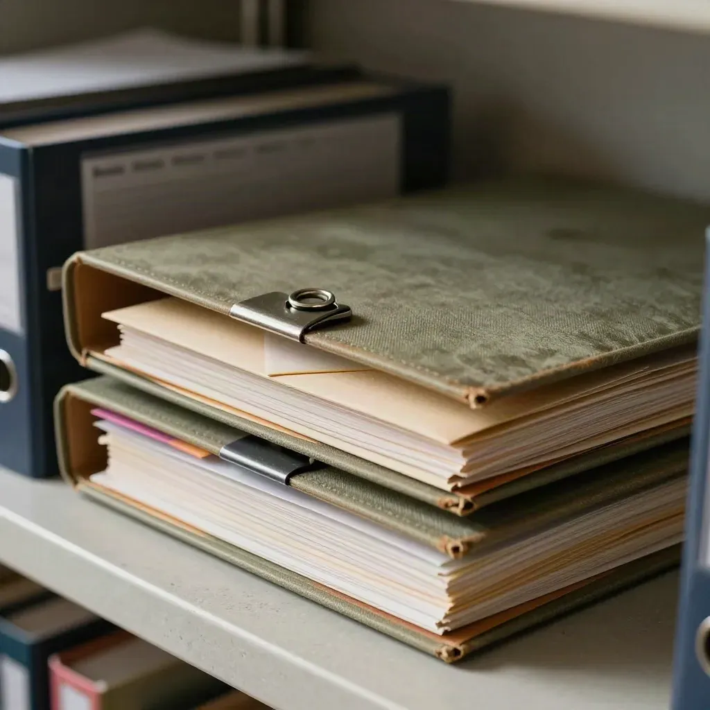 Deux classeurs d’archives, une enveloppe scellée et une pince sur une étagère de pierre.