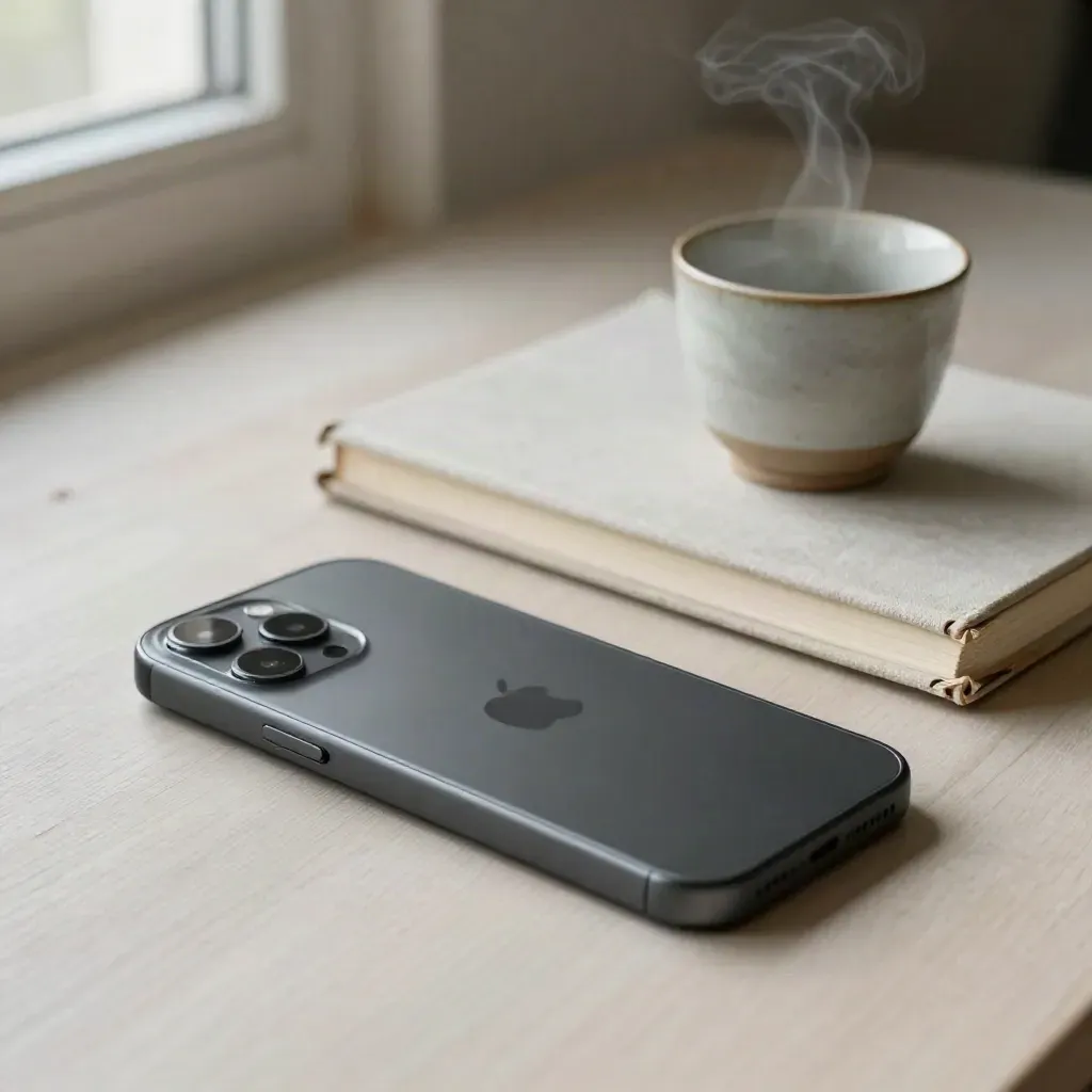 Smartphone retourné, carnet fermé et tasse en céramique sur plateau de pierre.