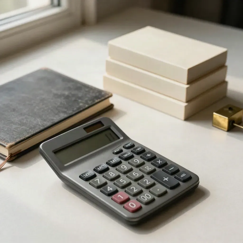 Vue de dessus d’une calculatrice, d’un grand livre fermé et de blocs d’index sur plâtre clair.