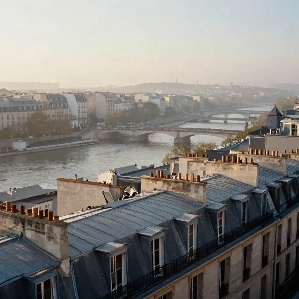 Toits en pierre de Paris et Seine dans la brume du matin, ciel pâle, espace calme.