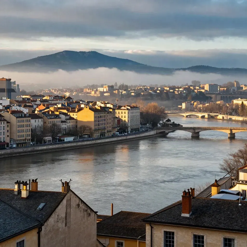 Vue dorée de Lyon sur le Rhône, avec les Alpes lointaines dans la brume froide.