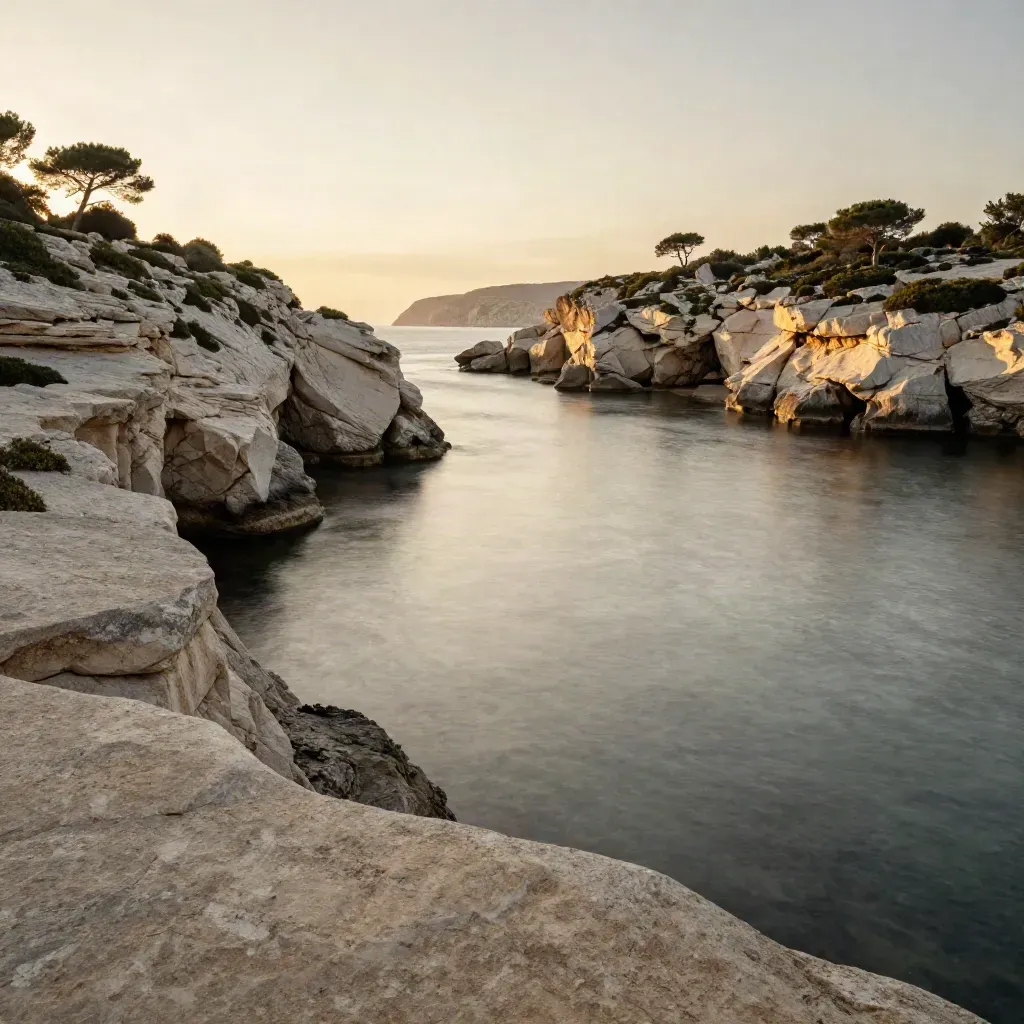 Falaises calcaires au-dessus d’une crique méditerranéenne dans la lumière du soir.