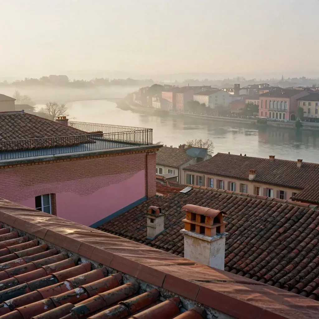 Vue de Toulouse au lever du jour, toits de brique rose et brume sur la Garonne depuis une terrasse.